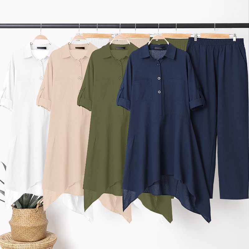 Set đồ 2 món ZANZEA gồm áo sơ mi không cân xứng kèm quần ống rộng vải cotton màu trơn phong cách vintage cho nữ