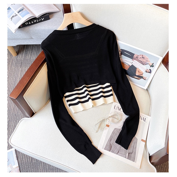 NUZIRO Bộ đồ  gồm áo dệt kim tay dài cổ tròn kẻ sọc và áo hai dây xinh xắn thời trang Hàn Quốc cho nữ (Có bán lẻ)