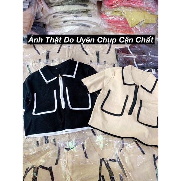 Áo Croptop Cổ Bẻ Viền Khoá Đồng Hàng QC Loại 1
