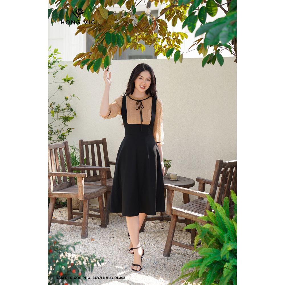 Đầm nữ thiết kế Hong Vic đen xòe phối lưới nâu DL368