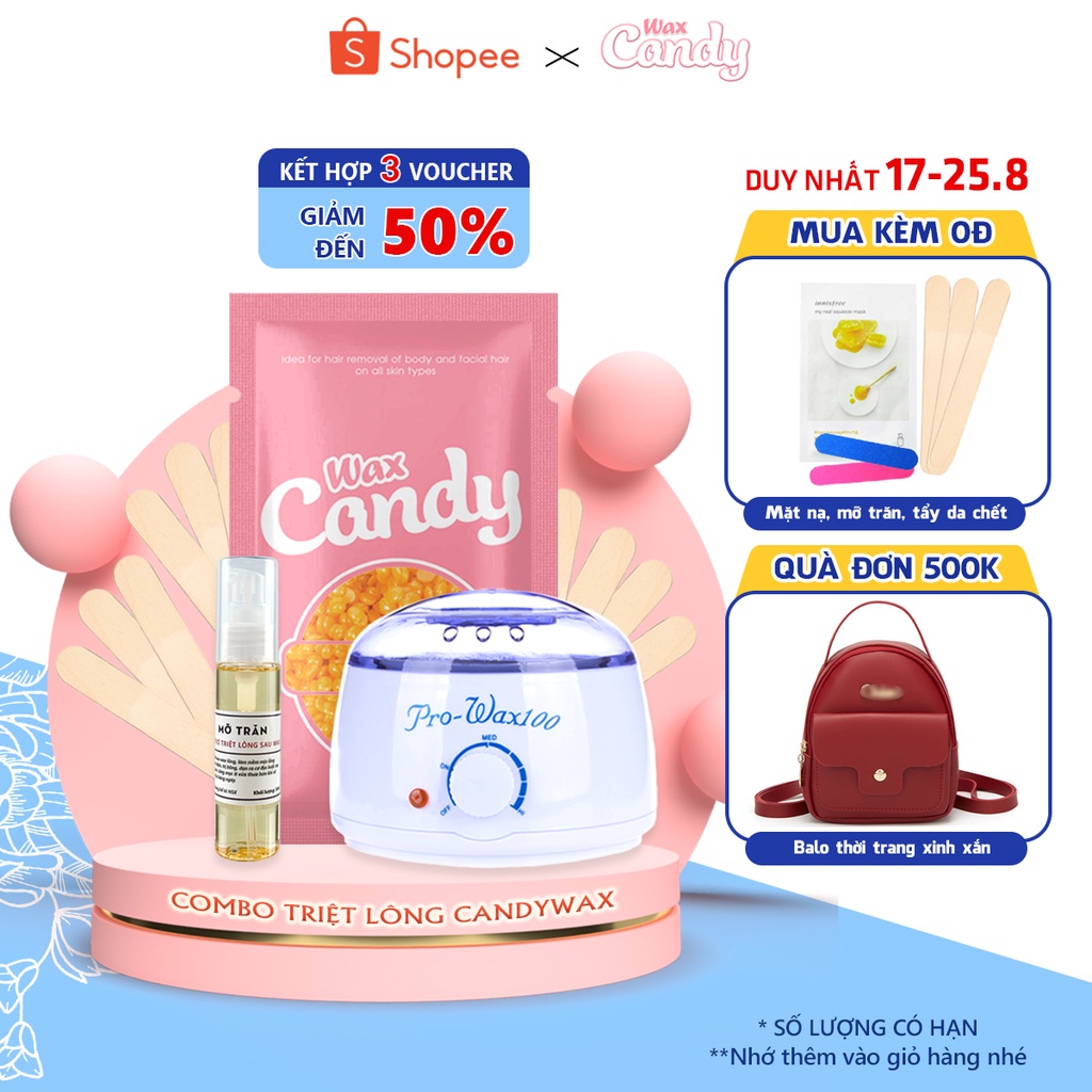 Combo triệt lông sáp wax nóng CANDYWAX wax lông - nồi nấu sáp pro wax 100 tặng kèm mỡ trăn nguyên chất