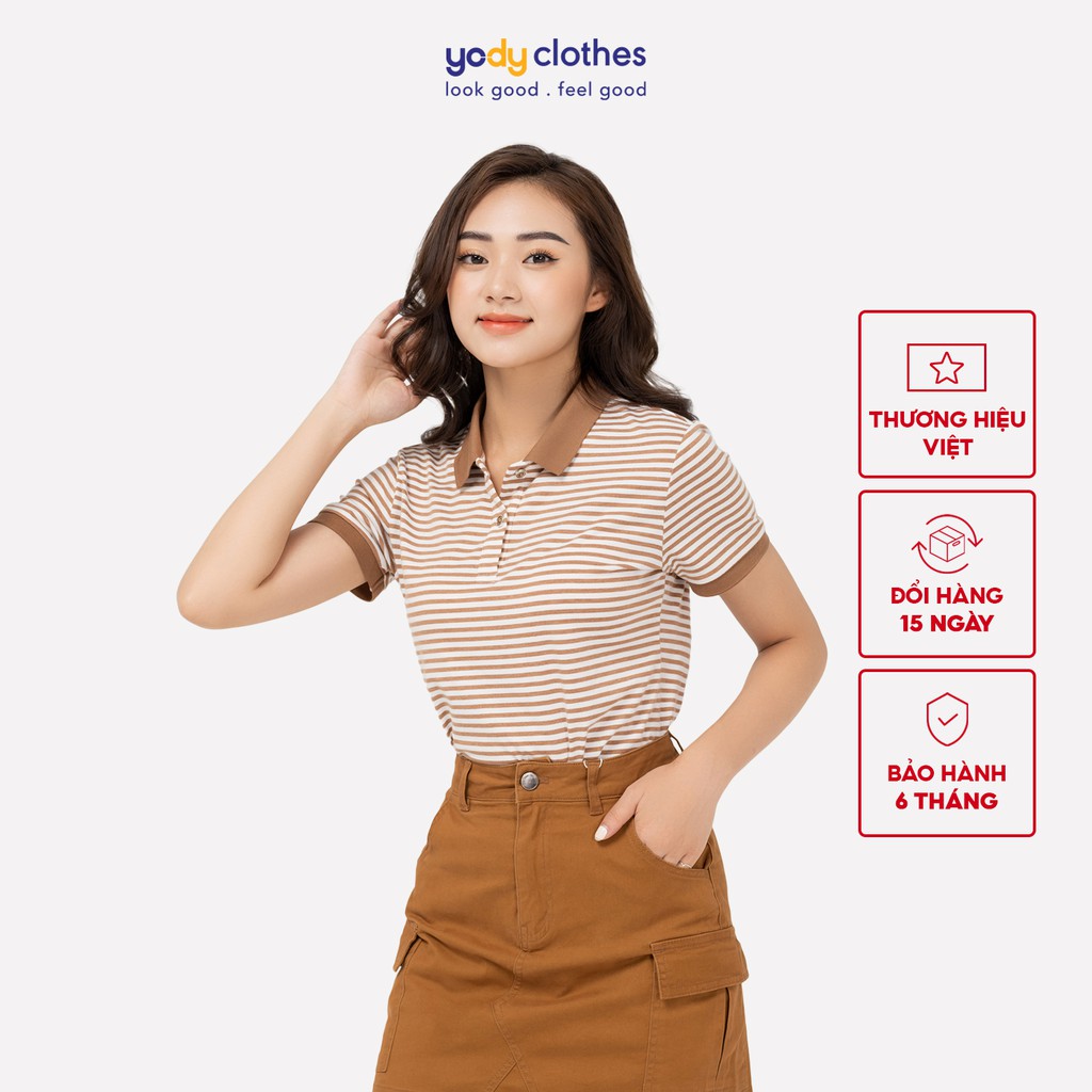 Áo polo nữ YODY kẻ sọc melange dáng basic chất vải mềm mịn APN4172 | BigBuy360 - bigbuy360.vn