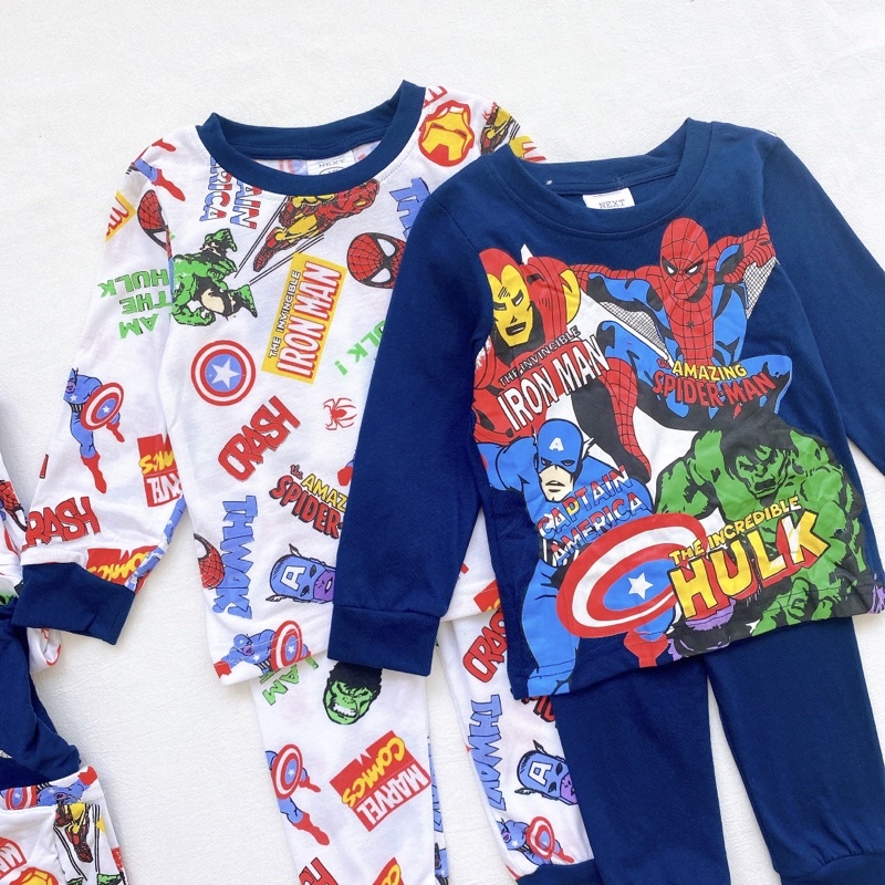 Set 2 bộ cotton dài tay cho bé trai hoạ tiết marvel tím than trắng cho bé từ 10-24 cân