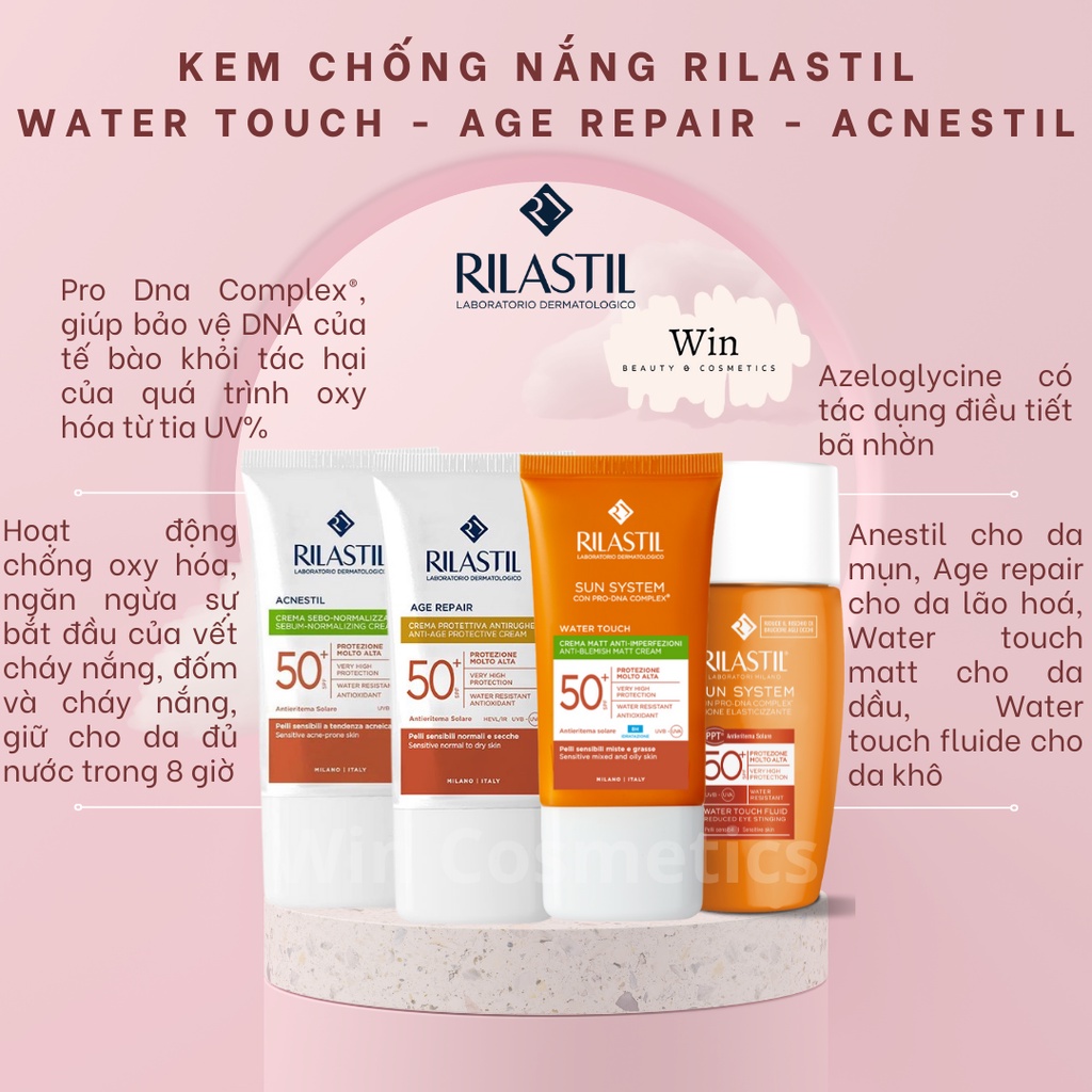 Kem chống nắng Rilastil Water touch fluid - Water touch matt - Age repair - Acnestil