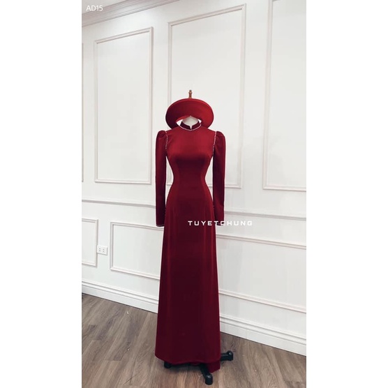 Áo Dài Nhung  Đỏ Viền Ngọc  Cao Cấp