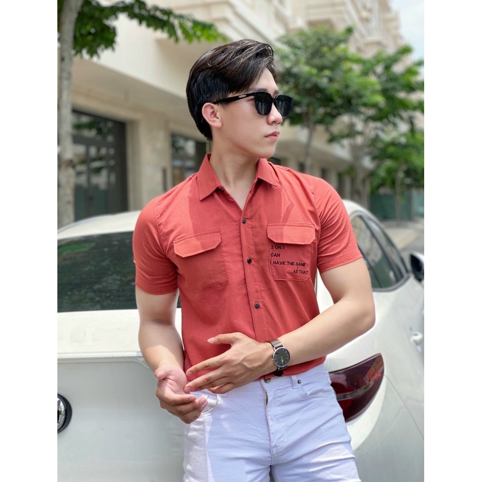 Áo sơ mi đũi tay ngắn nam, chất đũi dày dặn phối chữ thời trang - HKSM15 - Cam đỏ