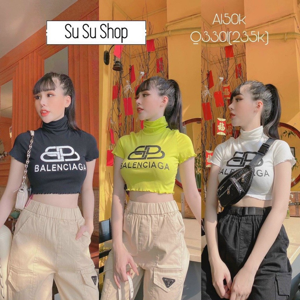 áo croptop xinh cổ lọ in chữ baa len sang chảnh