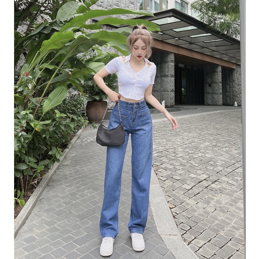Quần Jean Suông Ống Rộng Nữ Lưng Cao 2 Túi Cá Tính Tiqi Jeans B2-232