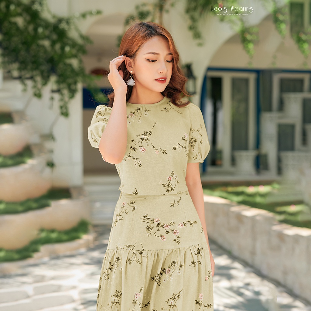 Set váy nữ LEOSWEARING áo croptop họa tiết hoa vải mix chân váy dáng suông chất Linen Bột cao cấp đầm dạo phố  A78