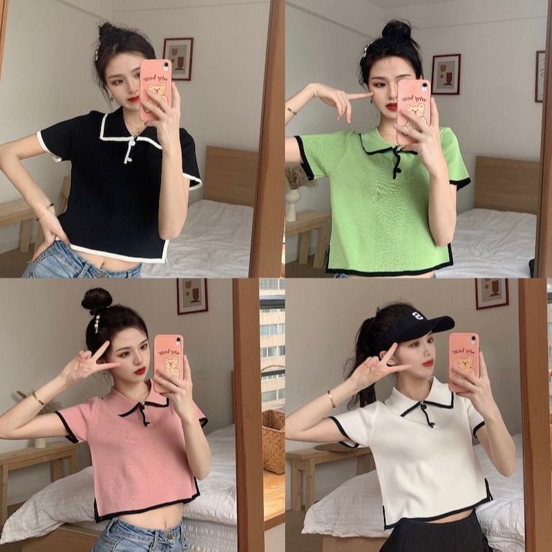 Áo Thun Dệt Kim Tay Ngắn Cổ Polo Dáng Ôm Thời Trang Mùa Hè Hàn Quốc 2022 Dành Cho Bạn Nữ
