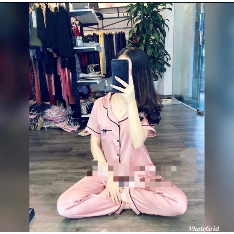 Bộ Pyjama Lụa Viền Tay Cộc Quần Dài Cao Cấp