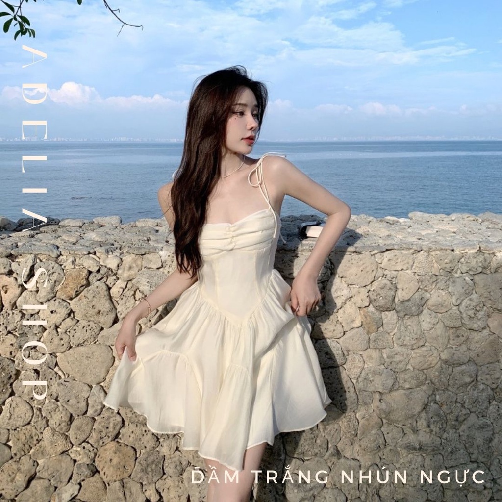 𝑺𝒐𝒑𝒉𝒓𝒐𝒏𝒊𝒂 | Đầm Trắng 2 Dây Tiểu Thư Nhún Ngực Dáng Ngắn Xòe 2 Lớp Tiểu Thư, Đầm 2 Dây Công Chúa Chấ