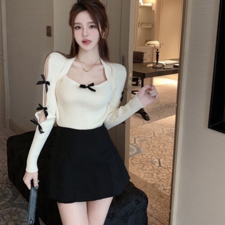 Áo sweater ZHELIHANGFEI dệt kim tay dài phối nơ thiết kế quyến rũ thời trang