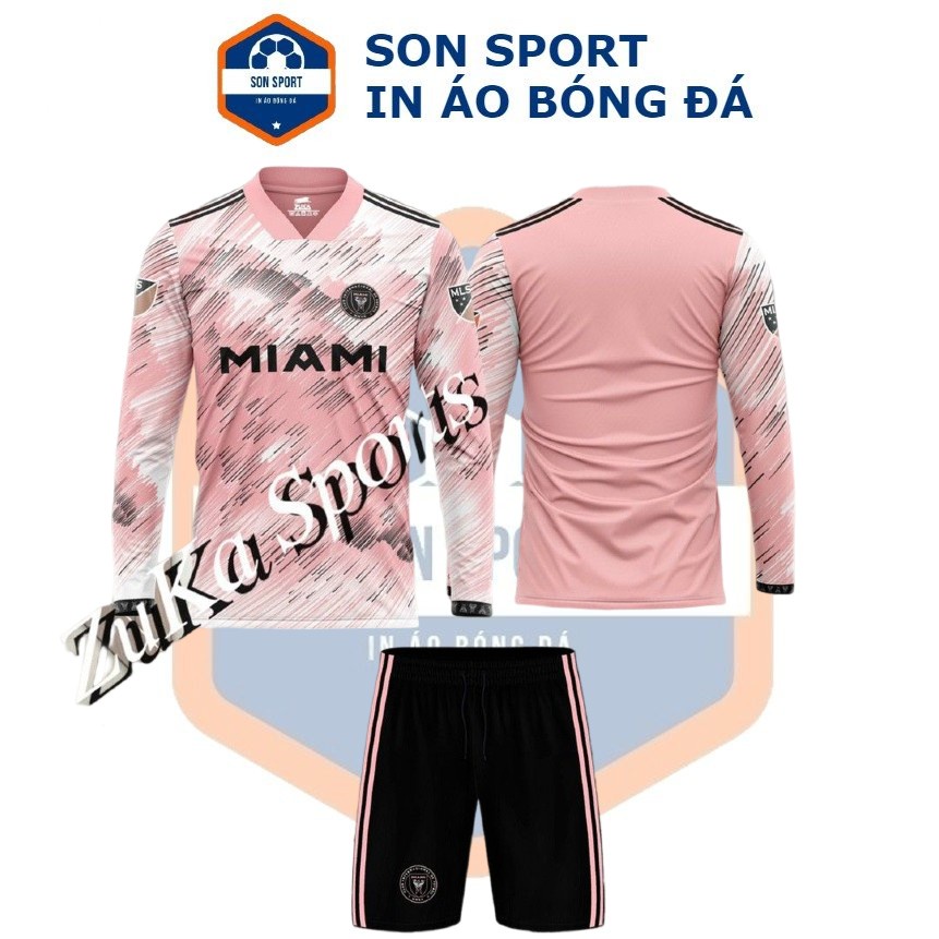 Bộ Quần Áo Bóng Đá Dài Tay FC Inter Miami Hồng & Xanh