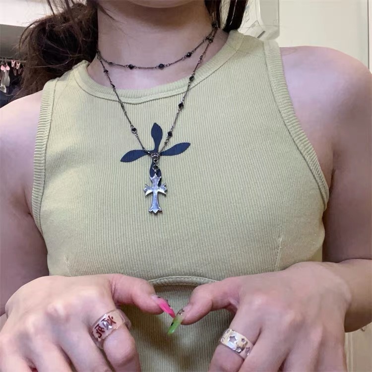 Senior Vòng cổ Hai Lớp Thiết Kế Mặt Thánh Giá Đính Hạt Phong Cách Châu Á Cho Nữ