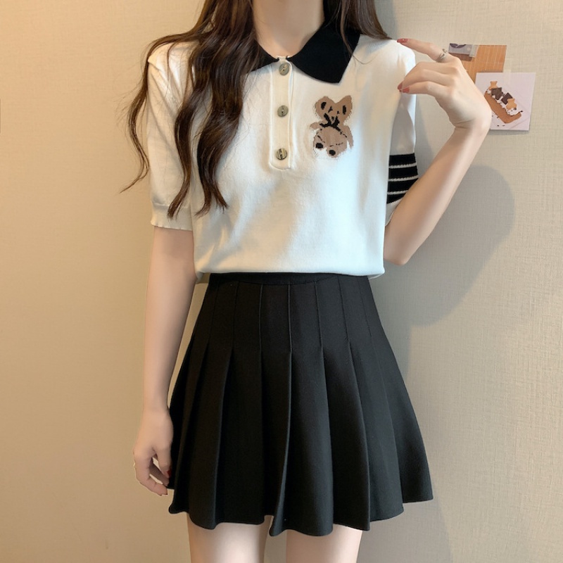 Áo Thun polo Dệt Kim Tay Ngắn Họa Tiết Kẻ Sọc Độc Đáo Thời Trang Mùa Hè FT8101