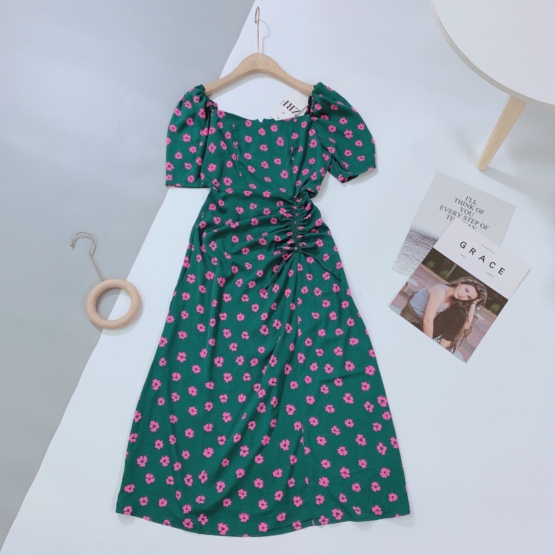 [Mã FAGREEN1505 giảm tới 30K đơn 99K] VN93 - VÁY HOA XANH DÚM EO XÒE NỮ | BigBuy360 - bigbuy360.vn