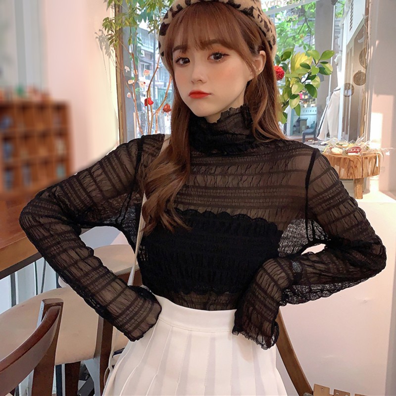 Áo sơ mi chất lưới tay dài cổ cao dáng ôm phong cách hàn quốc thời trang quyến rũ cho nữ