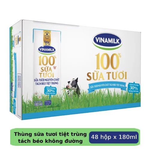 Sữa tươi Vinamilk Tách béo không đường 180ml Thùng 48 hộp