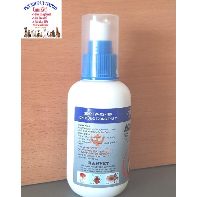 Chai xịt diệt ve rận bọ chét trên Chó Mèo HANTOX SPRAY Chai 100ml Xuất xứ Hanvet Việt Nam - Pet shop Uytinpro