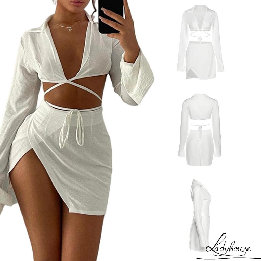 Bộ Áo Cardigan Tay Dài + Chân Váy Xẻ Tà Màu Trơn Thời Trang Gợi Cảm Cho Nữ