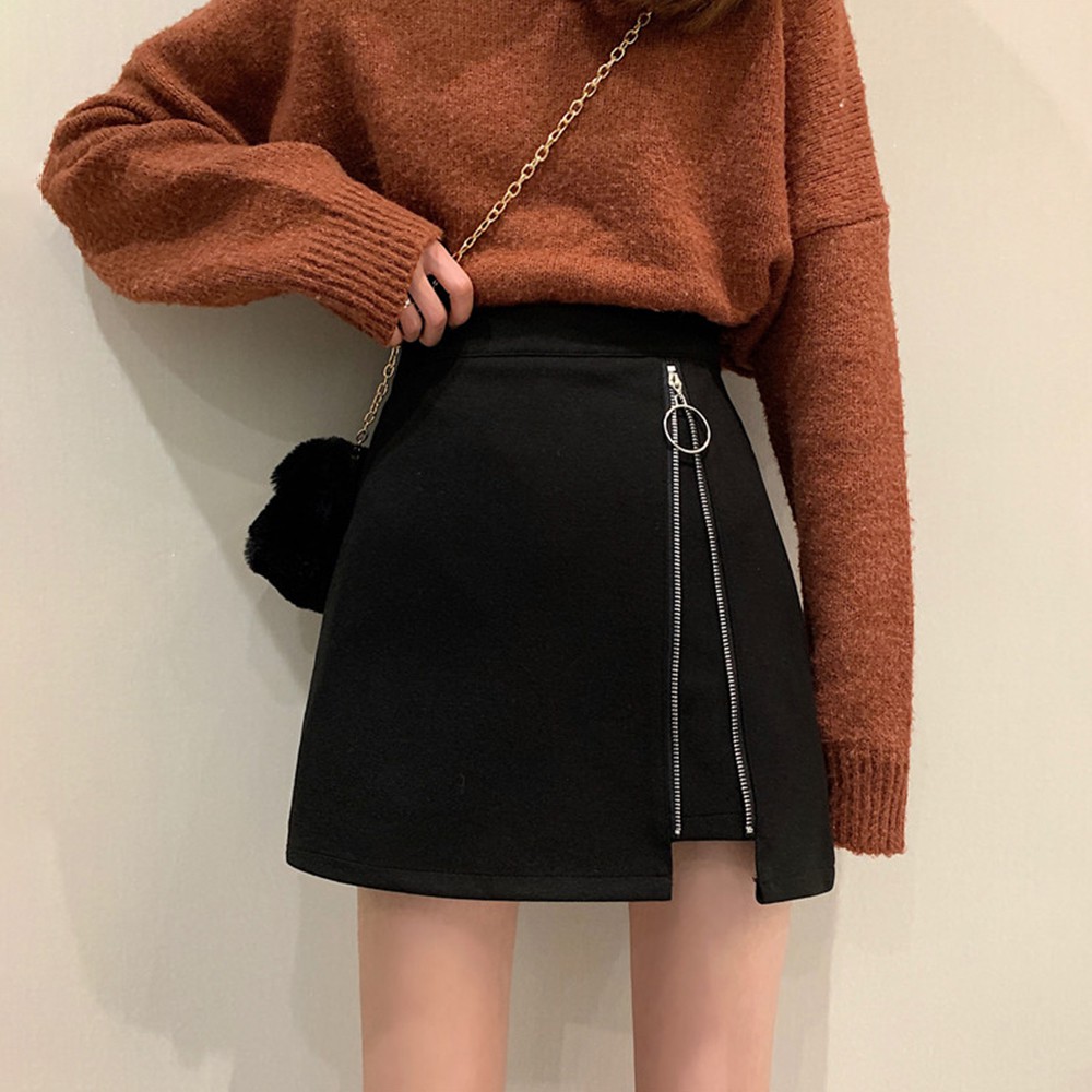 Đen Chân Váy Len Dáng Chữ A Lưng Cao Phối Khóa Kéo Cá Tính | BigBuy360 - bigbuy360.vn