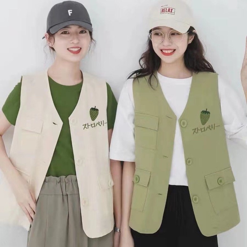 Áo Gile Dâu Tây Áo Khoác Ngoài Phối Màu Phong Cách Dễ Thương Học Sinh