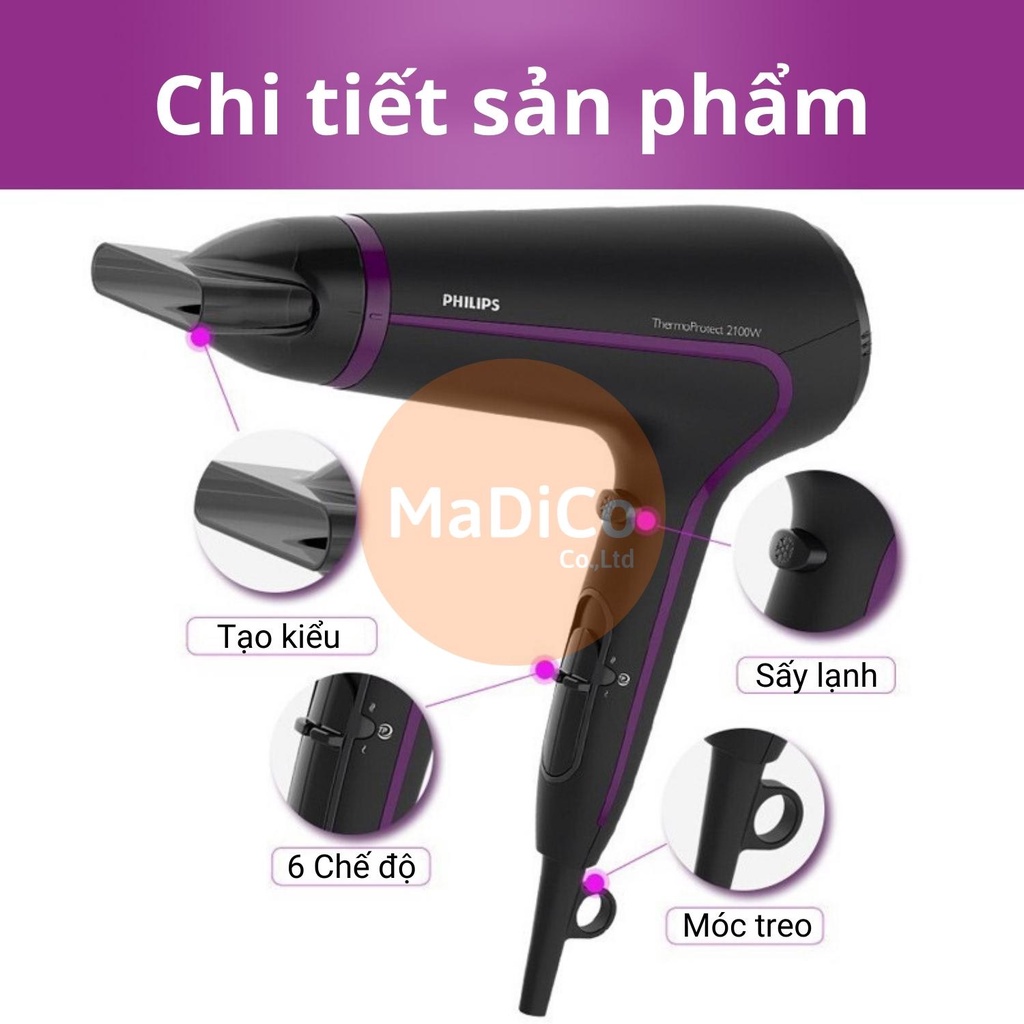 Máy sấy tóc Philips 2 chiều nóng lạnh công suất lớn 2100W tạo kiểu tóc chuyên nghiệp chuẩn salon HP8230 - BH 2 năm