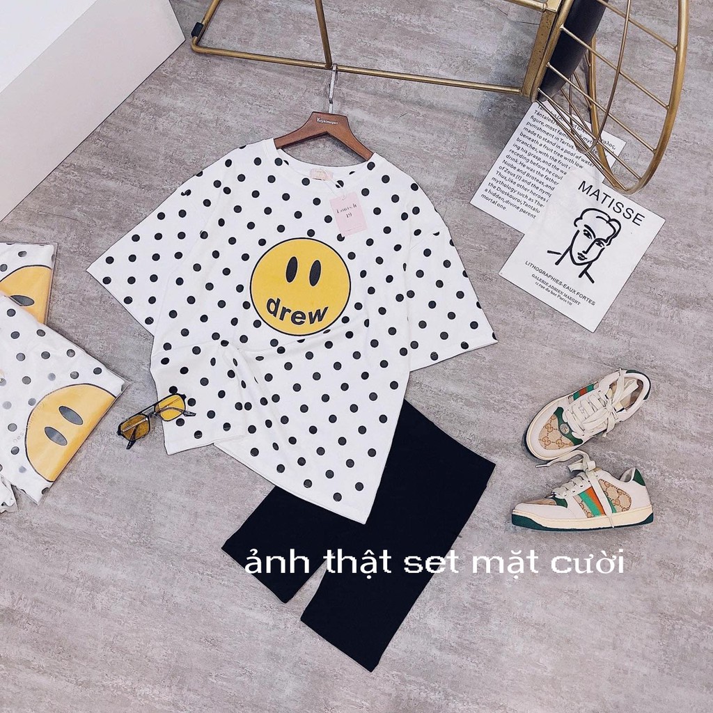 Set Chấm Bi Mặt Cười Mix Quần Legging Siêu Cute Bộ Mặc Ở Nhà