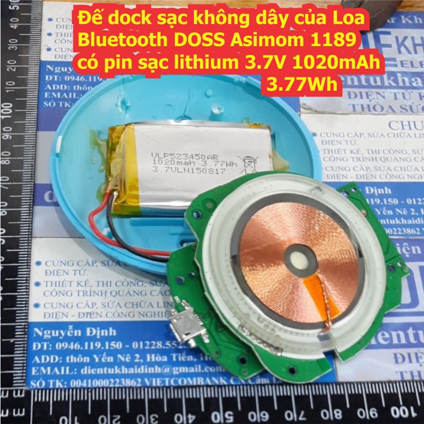 Đế dock sạc không dây của Loa Bluetooth DOSS Asimom 1189, có pin sạc lithium 3.7V 1020mAh 3.77Wh kde8042