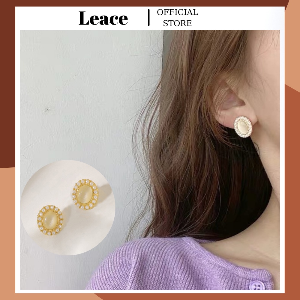 Bông tai khuyên tai hình oval đính xà cừ phong cách thời trang Hàn Quốc ER025 Leace.accessories