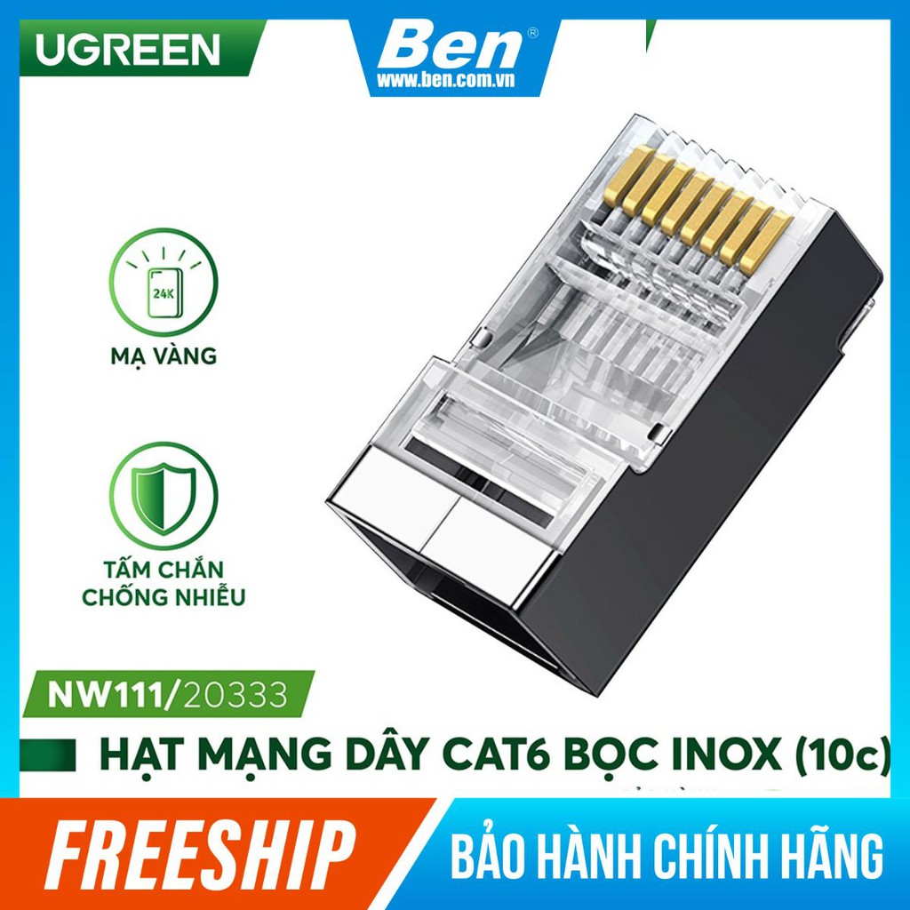 Đầu bấm mạng RJ45 UGREEN NW111 cho dây CAT6, bọc inox chống nhiễu