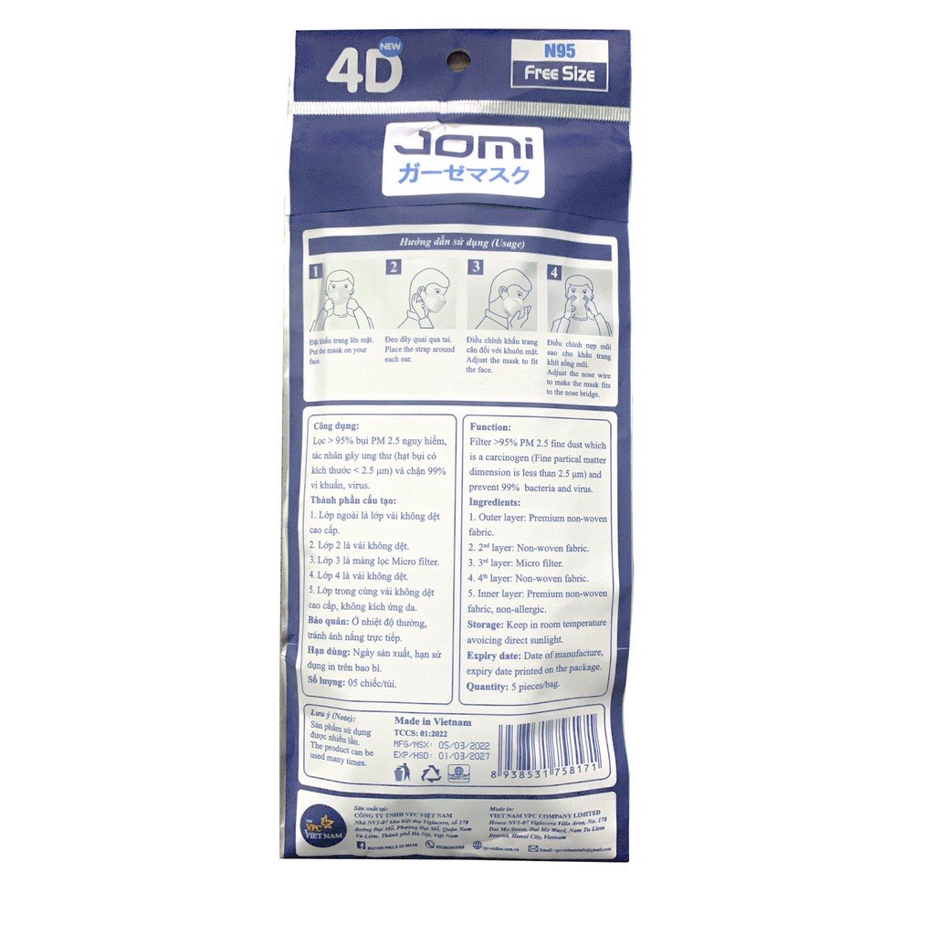 Khẩu Trang 3D Jomi Công Nghệ Nhật Bản Lọc Bụi Mịn &amp; Vi Khuẩn PM 2.5 - Túi 5 cái
