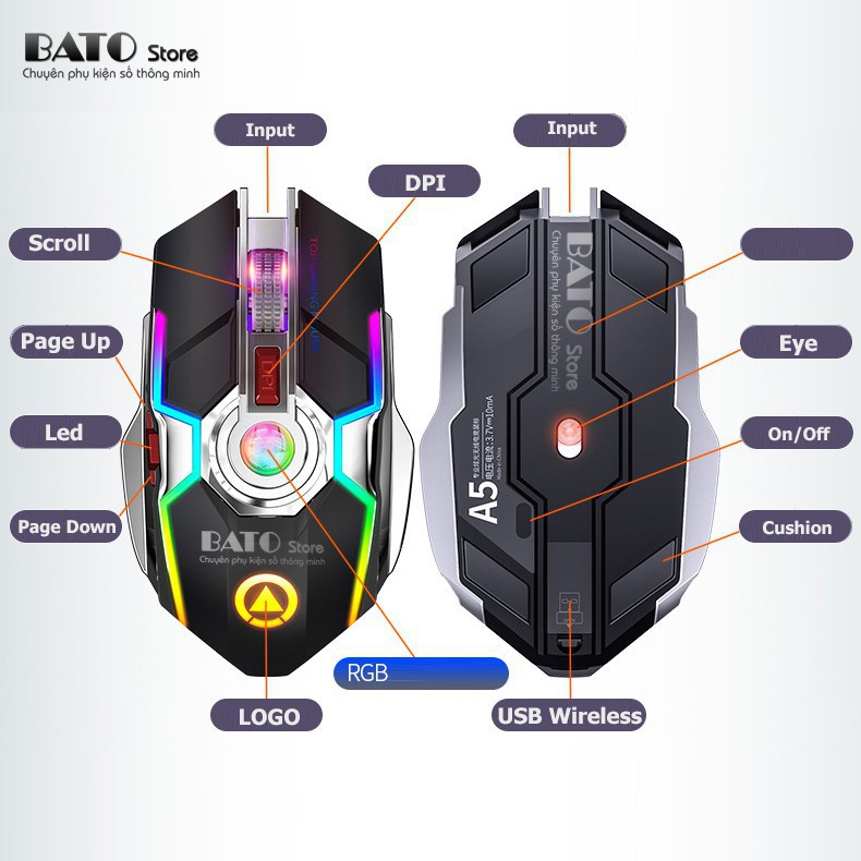 Chuột Không Dây Gaming A5 🔥TẶNG LÓT CHUỘT🔥 Chức năng sạc nhanh và tiết kiệm điện,dung lượng pin 1200mah