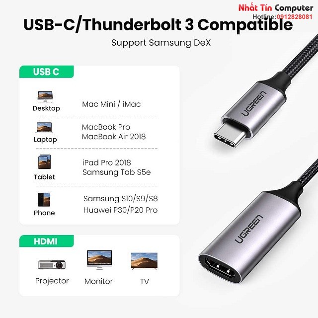 Cáp chuyển đổi USB type-C to HDMI hỗ trợ 4K@60Hz chính hãng Ugreen 70444 bọc nhôm cao cấp