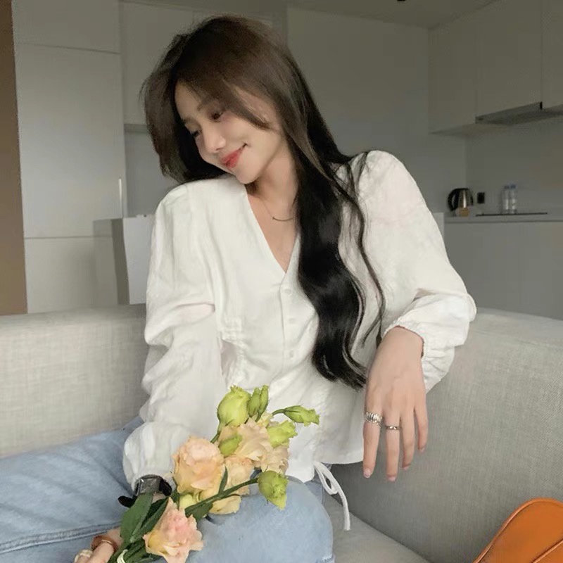 Áo sơ mi nữ bigsize 45-100kg, Áo Sơ mi kiểu nữ đẹp cá tính tay dài cổ chữ v Phong cách Hàn Quốc vintage thiết kế dây rút - quảng châu cao cấp | BigBuy360 - bigbuy360.vn