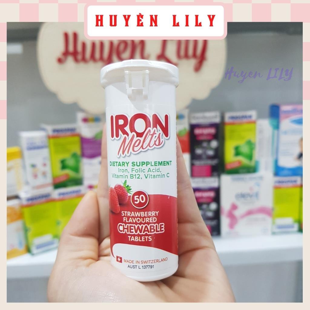 Iron Melts -Viên sắt ngậm vị Dâu 50 viên bổ Sung Sắt, Acid Folic, Vitamin B12 Và Vitamin C của Úc