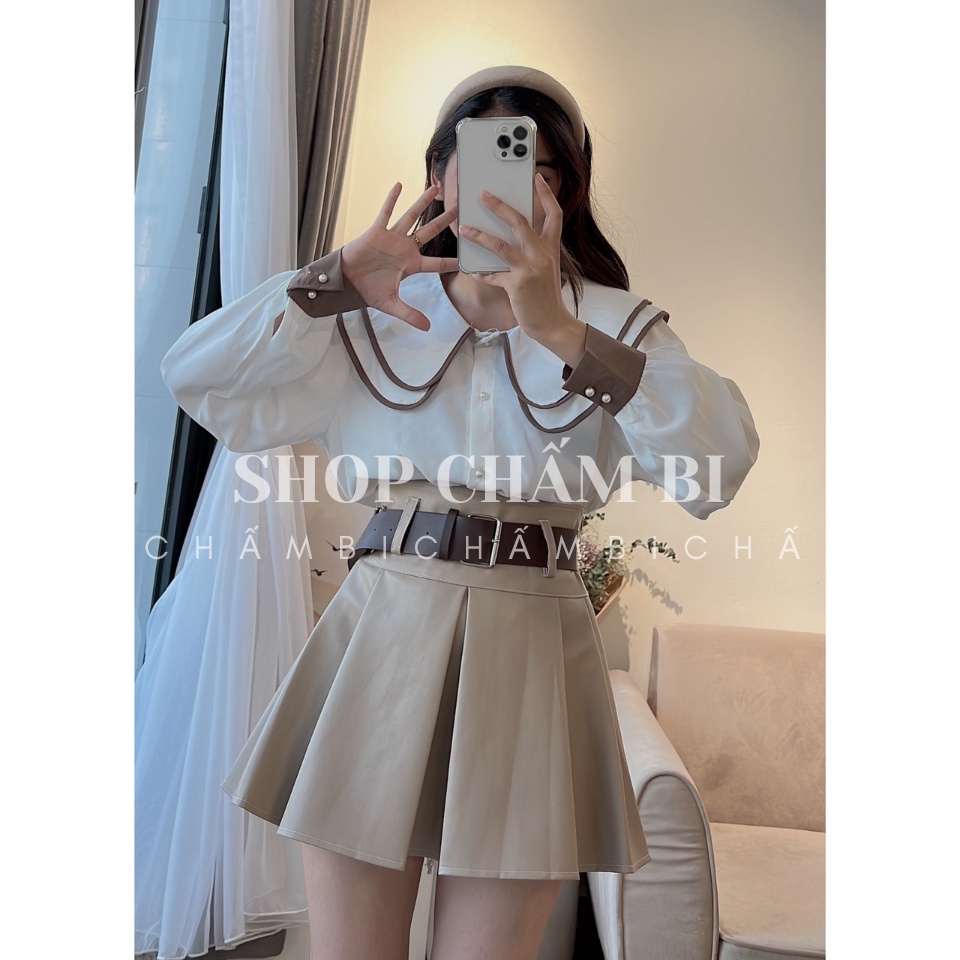 Áo babydoll nữ A.369, Áo sơ mi cổ thuỷ thủ viền đen 2 hàng tay bo dài tay dễ thương - Thời trang nữ Chấm Bi
