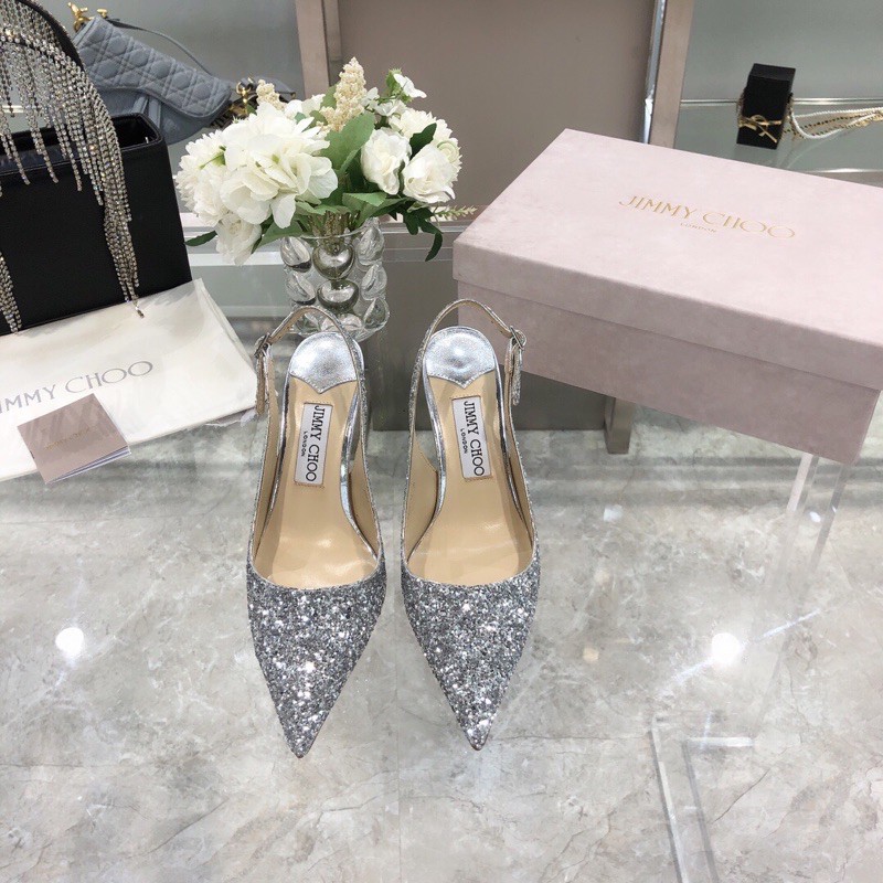 Giày cao gót mũi nhọn phủ nhũ đính đá nhỏ hở hậu gót 8.5cm jimmy choo