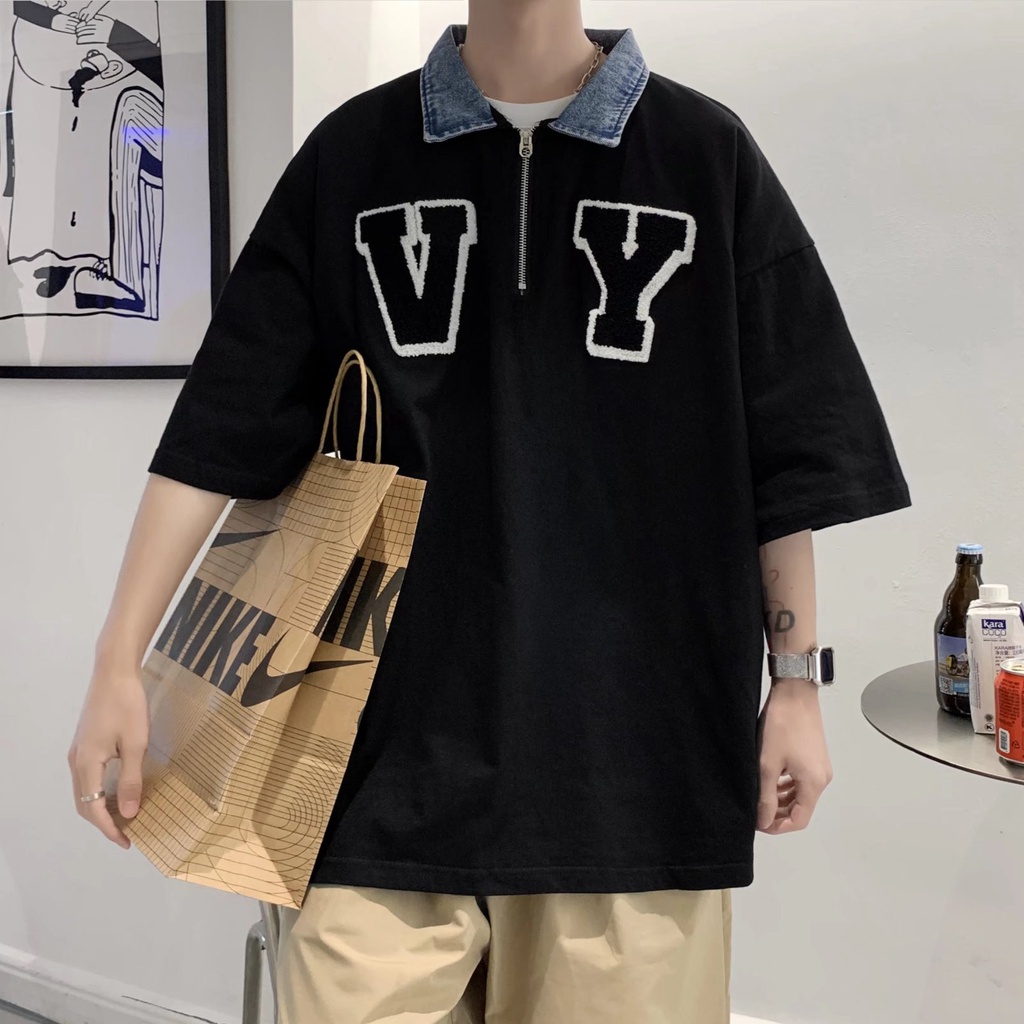 Áo Thun Tay Ngắn Cổ Polo Chất Liệu Denim Có Khóa Kéo In Chữ Phong Cách Hàn Quốc Cho Cặp Đôi