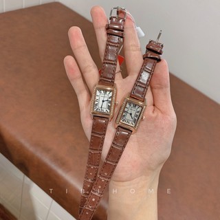 Đồng hồ dây da nữ Bolun chính hãng mặt chữ nhật số la mã đính đá viền màu nâu