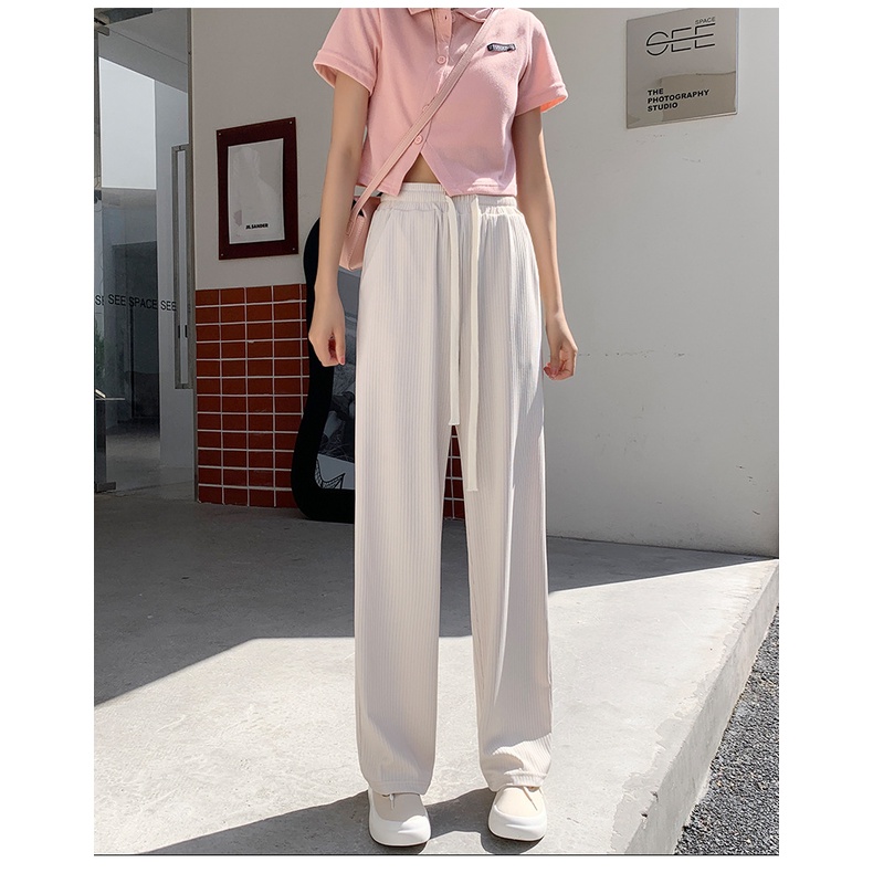 Quần dài đi biển lưng cao ống rộng màu trơn phối dây rút ống rộng thời trang dành cho nữ mùa hè