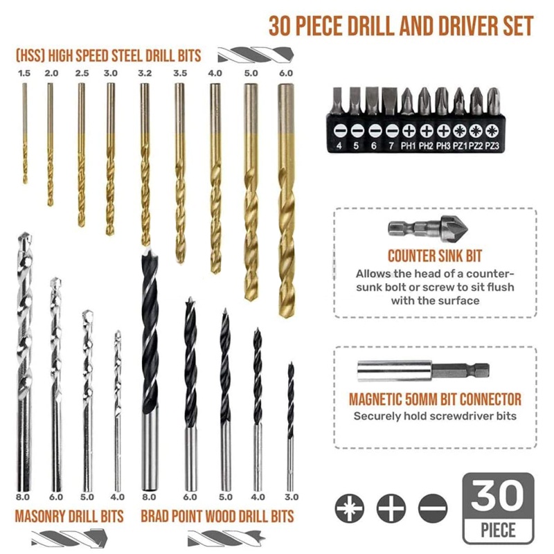 Set 30 Mũi Khoan Xoắn Tốc Độ Cao Đa Năng Kèm Hộp Đựng 25mm / 0.98inch Bằng Thép / Gỗ / Kim Loại Cứng