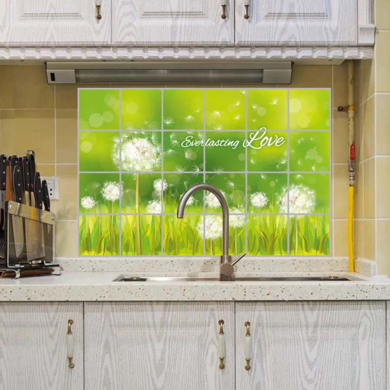 Decal dán bếp tráng nhôm cách nhiệt size lớn - cỏ xanh với Bồ Công Anh trắng