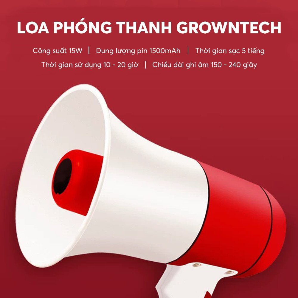 Loa Phóng Thanh 25W GrownTech nghe nhạc công suất lớn chức năng ghi âm Megaphone cầm tay, ghi âm pin chuẩn