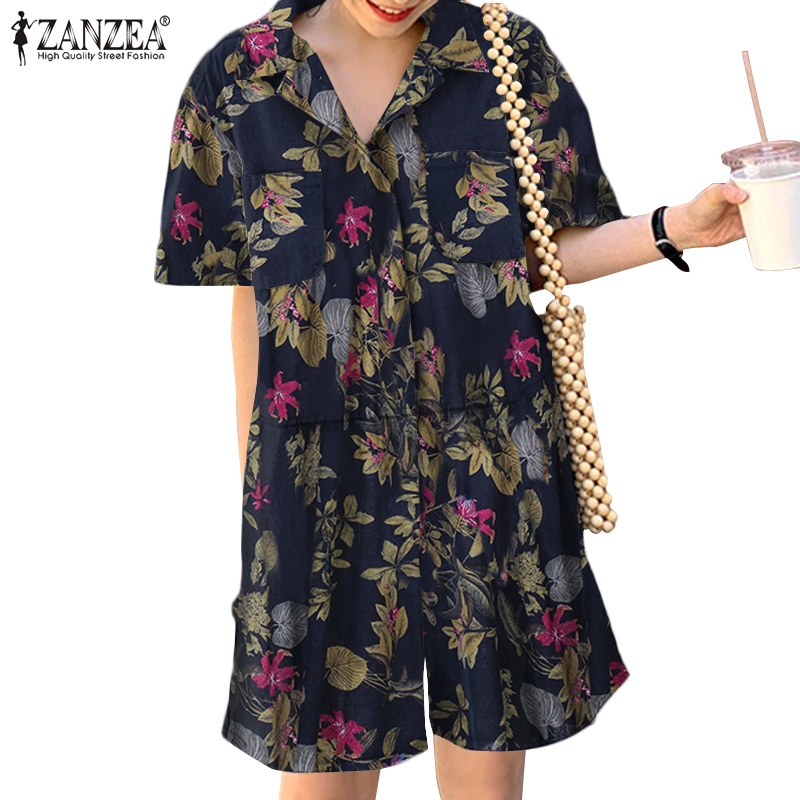 Áo liền quần nữ ZANZEA tay ngắn cổ bẻ in họa tiết thời trang