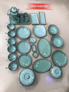 Bộ bát cơm men xanh ngọc vẽ hoa đào