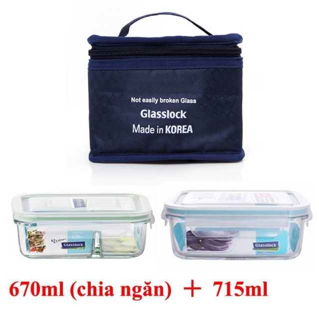 Bộ hộp thủy tinh cường lực GLASSLOCK chia ngăn 670ml + 695ml và túi giữ nhiệt