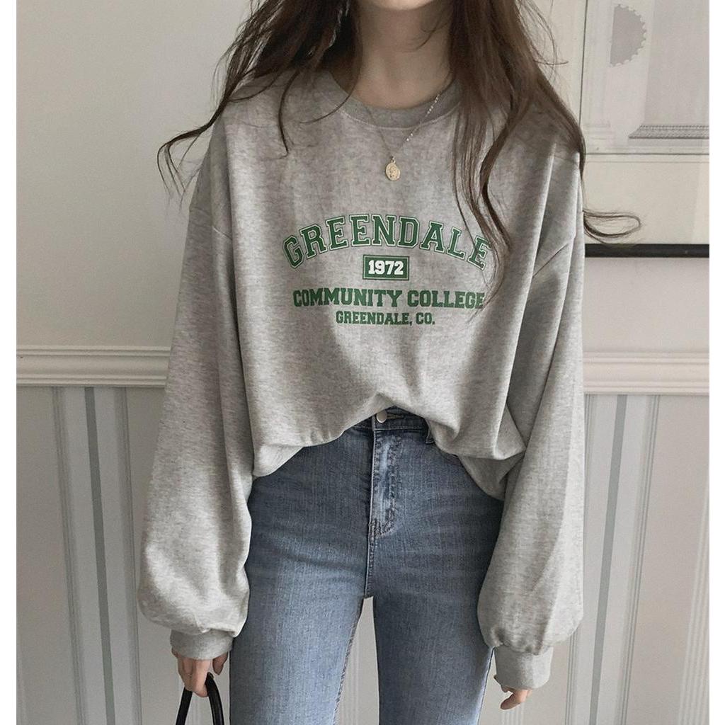 Áo nữ Peppermint 55186 tay dài cổ tròn in chữ cá tính thời trang retro kiểu Mỹ