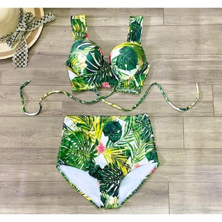 Set đồ bơi nữ rời họa tiết hoa lá áo gọng nâng đẩy ngực quần cạp cao che bụng G08